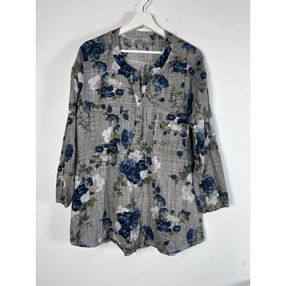 Bergoni Womens Floral Henley Button Tunic Top Size 2 Cotton Blue Gray 3/4 Sleeve